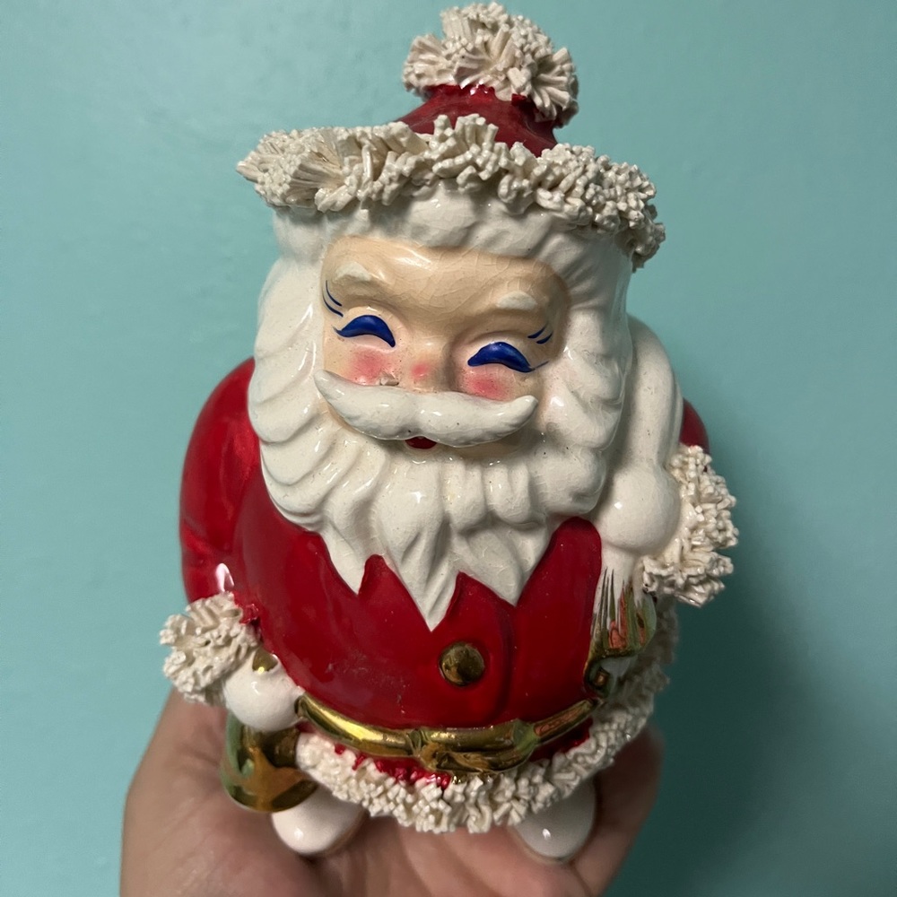 Santa ceramic bank vintage 1960s popcorn painted gold trim figurine READ